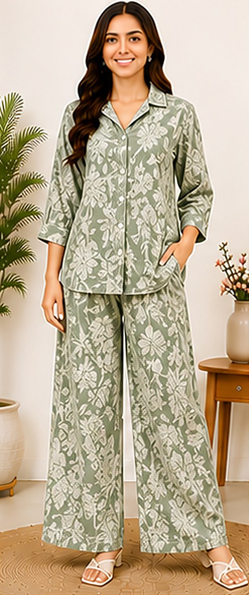 PurvaCreation Sage Leaf Floral Co-ord Set, front view of the shirt and wide-leg pants