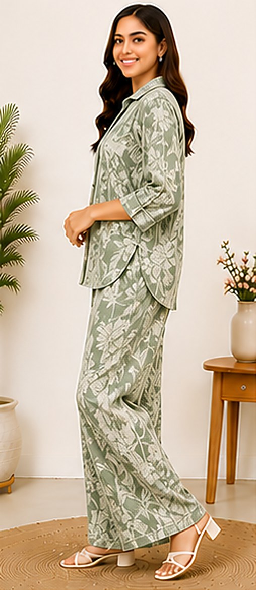 Side view of the PurvaCreation Sage Leaf Floral Co-ord Set