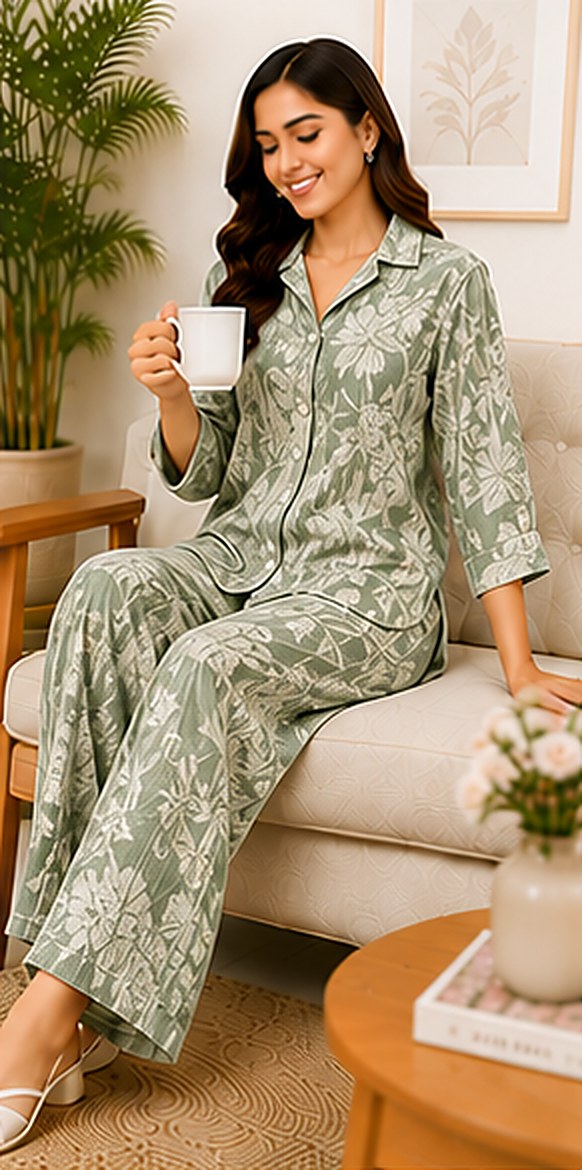 Model wearing the PurvaCreation Sage Leaf Floral Co-ord Set at home